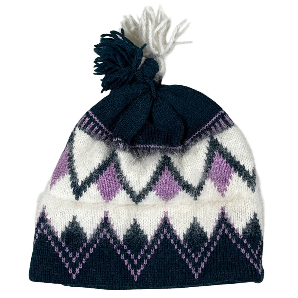 Top Notch Knit Beanie Hat One Size Purple Fair Isle Wool Ski Winter Made in USA